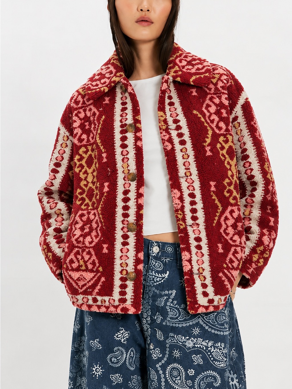 Anthropologie MOTHER Warm and Fuzzy Sherpa Coat in Snug as a Bug Western Print